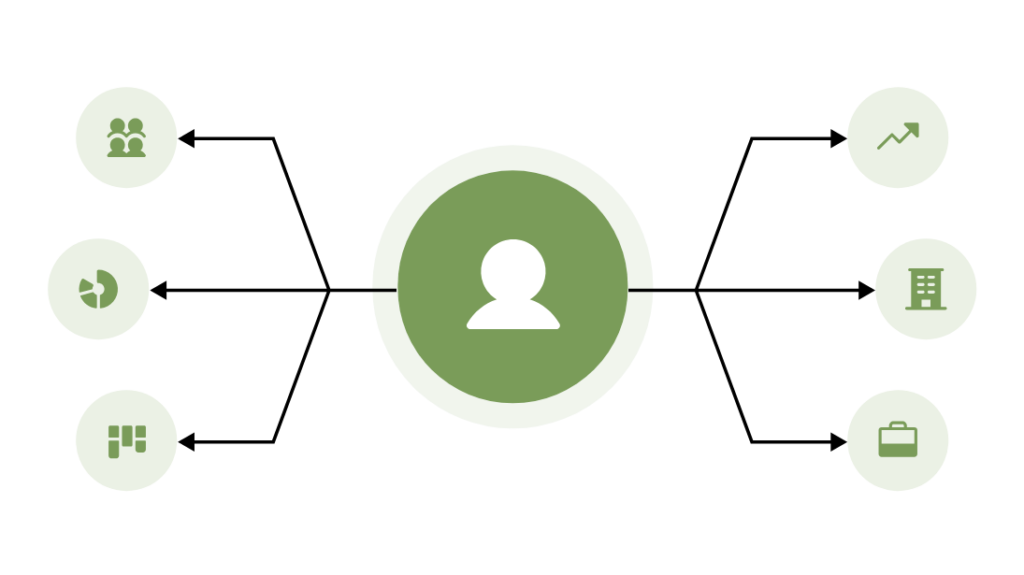 Fractional COO illustration: a central person linked to team, growth, analytics, facilities and workflow icons