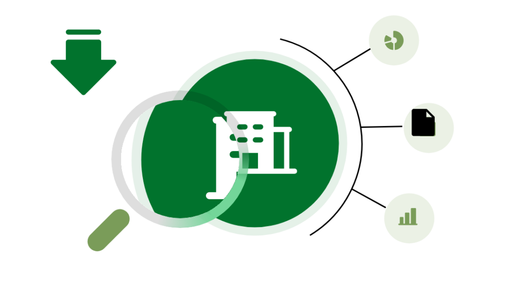 Buy-side illustration: a magnifying glass over a company building with a downward acquisition arrow