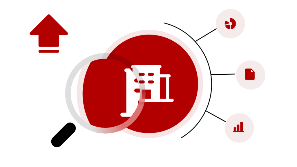 Sell-side illustration: a magnifying glass over a company building with an upward sale arrow